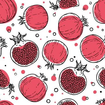 Seamless pattern of Black, red, white pomegranates. Healthy vegetarian food.. Stock Illustration