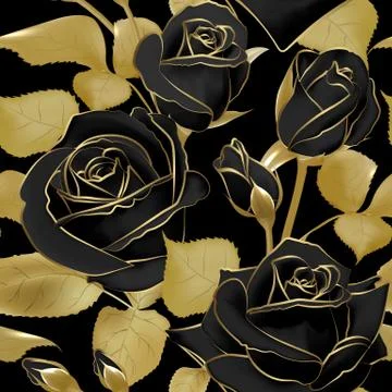 Seamless pattern with black roses and golden leaf on a black background. Vector 스톡 일러스트