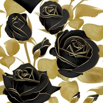 Seamless pattern with black roses and golden leaf on a white background. Vector Illustrazione stock