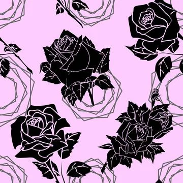 Seamless pattern of black roses on a pink background, texture Stock Illustration