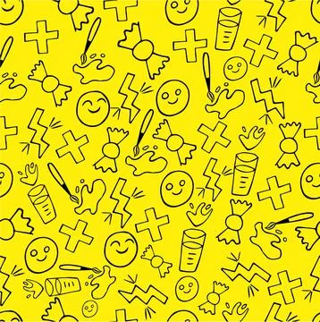 Seamless pattern of black school doodles on a yellow background. Stock Illustration
