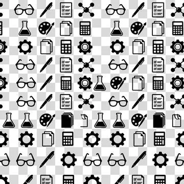 Seamless pattern of black science and education icons including glasses, pe.. Stock Illustration