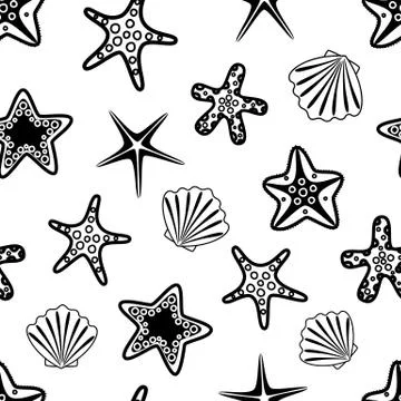 Seamless pattern with black seashells and starfishes. Underwater background.  Stock Illustration