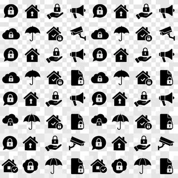 Seamless pattern of black security and protection icons including houses, l.. Stock Illustration