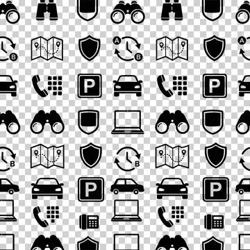 Seamless pattern of black security and travel icons including binoculars, s.. Stock Illustration