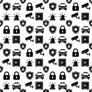 Seamless pattern of black security icons including police cars, padlocks, s.. Stock Illustration
