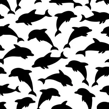 Seamless pattern with black silhouette dolphins on white. design for holiday  Stock Illustration