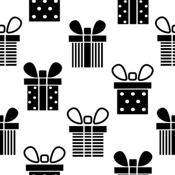 Seamless pattern black silhouette gift box. Vector flat illustration Illustrazione stock