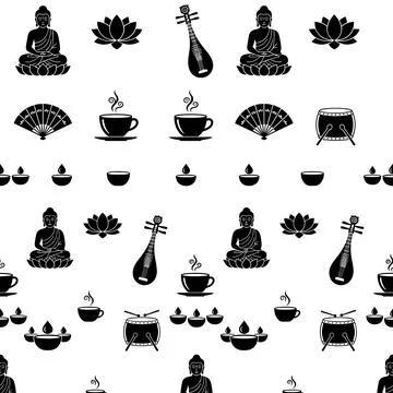 Seamless pattern with black silhouette icons of meditating Buddha, lotus fl.. Stock Illustration