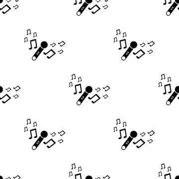 Seamless pattern with black silhouette of microphone with music signs. Vector. 库存插图