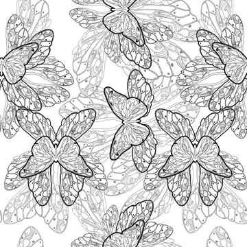 Seamless pattern of black silhouettes of butterflies on white background 스톡 일러스트