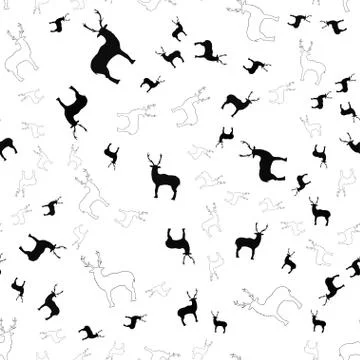 Seamless pattern with black silhouettes of deer on a white background. Stock Illustration