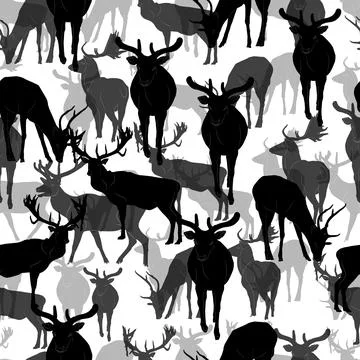 Seamless pattern of black silhouettes of deer on a white background Stock Illustration