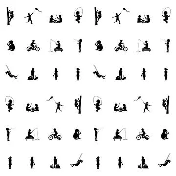 Seamless pattern of black silhouettes featuring children playing outdoors, .. Stock Illustration