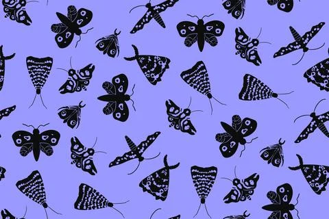 Seamless pattern with black silhouettes of moths Stock Illustration