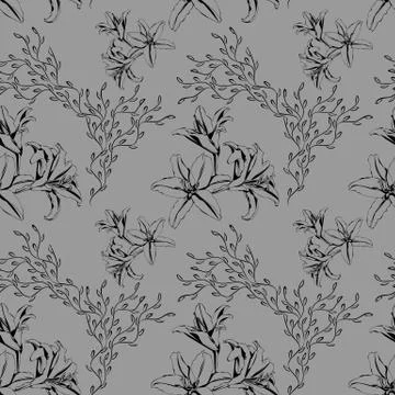 Seamless pattern with black sketch lilies on grey background Stock Illustration