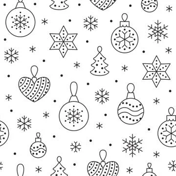 Seamless pattern with black snowflakes and toy balls on white background. Flat Stock Illustration