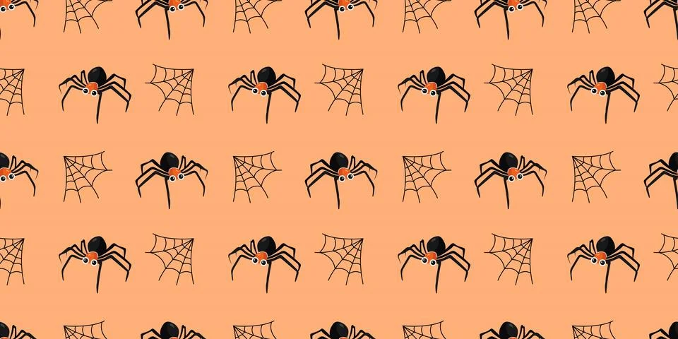 Seamless pattern with black spiders and cobwebs on orange background for Hall Stockillustratie