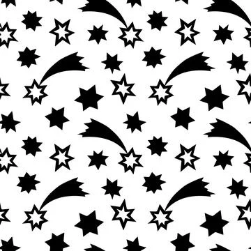 Seamless pattern of black stars, comets in flat style. Simple background and  Stockillustratie