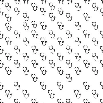 Seamless pattern of black stethoscope icons on a white background, medical .. Illustrazione stock