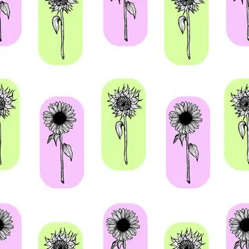 Seamless pattern black sunflowers flower line art on yellow background Stock Illustration