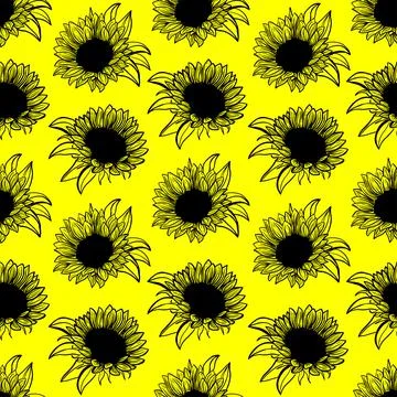 Seamless pattern black sunflowers flower line art on yellow background Stock Illustration