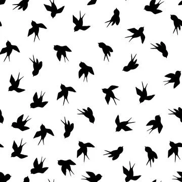 Seamless pattern with black swallow silhouette on white background. Cute bird in Stock Illustration