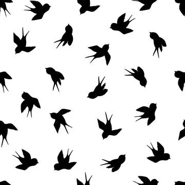 Seamless pattern with black swallow silhouette on white background. Cute bird in Stock Illustration