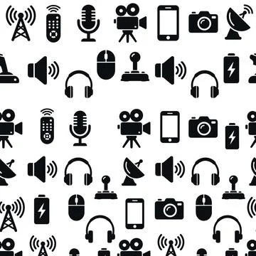 Seamless pattern of black technology and media icons including radio towers.. Stock Illustration