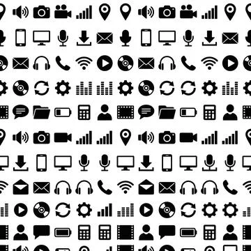 Seamless pattern of black technology and communication icons including mobi.. Stock Illustration