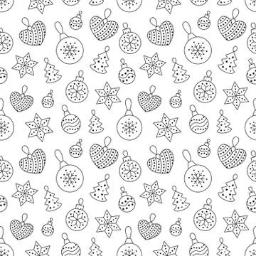 Seamless pattern with black toy balls, heart, star on white background. Flat Stock Illustration
