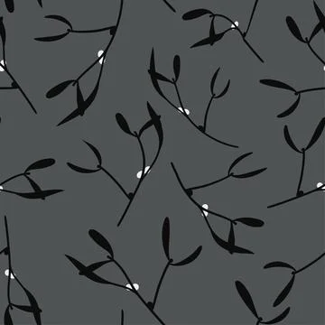 Seamless pattern of black trees mistletoe on gray background. Vector Stock Illustration