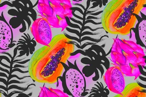 Seamless pattern with black tropical leaves and watercolor pitahaya and papaya Illustrazione stock