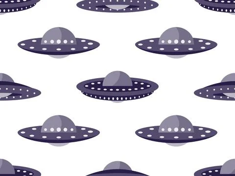 Seamless pattern with black UFO space saucers on a white background. Alien .. 스톡 일러스트