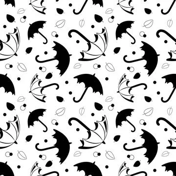 Seamless pattern with black umbrellas and leaves Stock Illustration