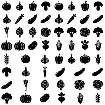 Seamless pattern of black vegetable icons including tomato, onion, bell pep.. Illustrazione stock