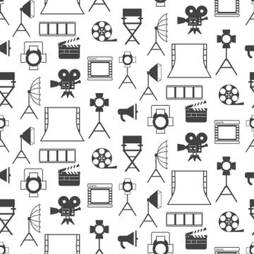 Seamless pattern with black video production icons. Stock Illustration