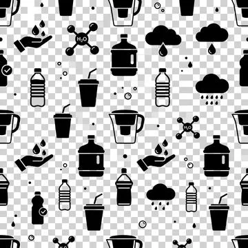 Seamless pattern of black water icons including bottles, pitchers, clouds w.. Иллюстрация