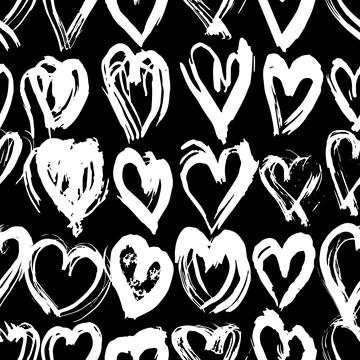 Seamless pattern black white heart brush strokes lines design, abstract simpl Stock Illustration