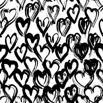 Seamless pattern black white heart brush strokes lines design, abstract simpl Stock Illustration