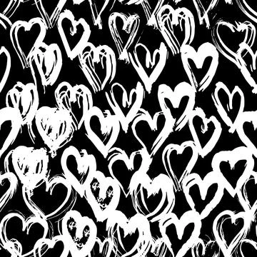 Seamless pattern black white heart brush strokes lines design, abstract simpl Stock Illustration