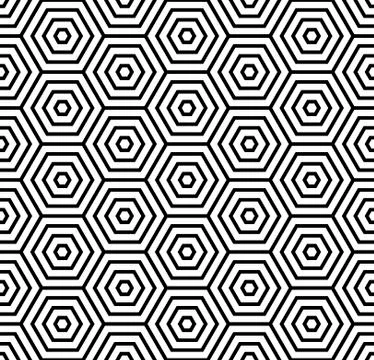 Seamless pattern with black white hexagons and striped lines. Stock Illustration