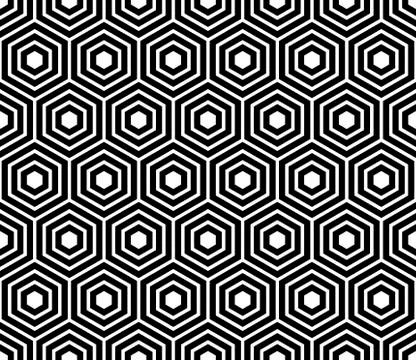 Seamless pattern with black white hexagons and striped lines. Stock Illustration