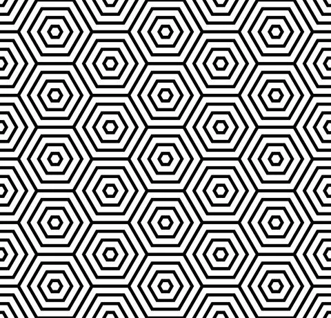 Seamless pattern with black white hexagons and striped lines. Optical illusion Illustrazione stock