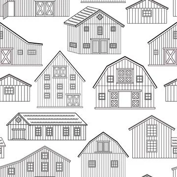 Seamless pattern. Black white outline texture of wooden barn houses on white Illustrazione stock