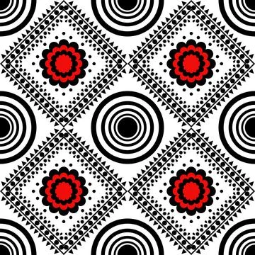 Seamless pattern in black, white, red, featuring a combination Stock Illustration