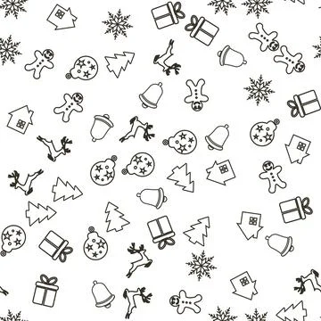 Seamless pattern with black Xmas ornaments on white background. Vector Stock Illustration