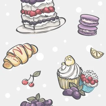 Seamless pattern with blackberry pie, croissants, muffins and fruit Illustrazione stock