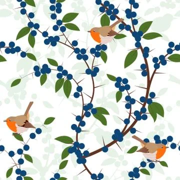 Seamless pattern of Blackthorn berries and robin birds Stock Illustration