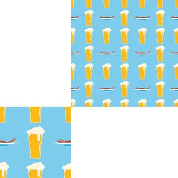 Seamless pattern blank with glass of beer with foam, plates of sausages on .. Stock Illustration